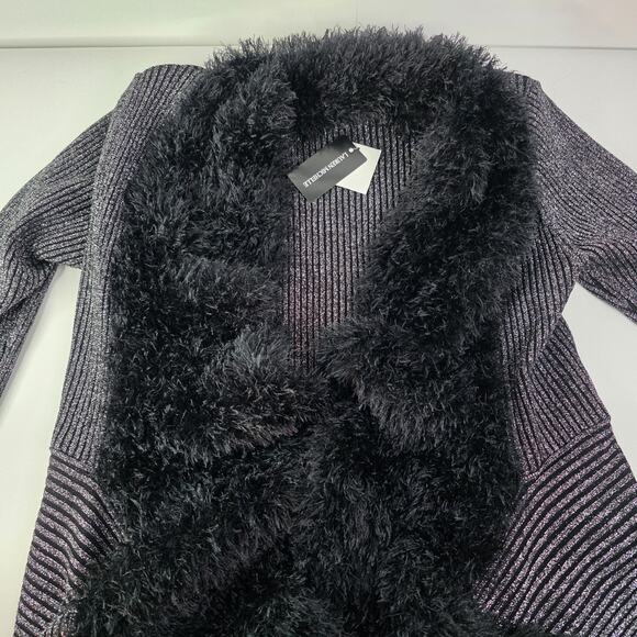 Lauren Michelle Silver Black Sparkly Fuzzy Trim Cardigan Size Medium Party - Picture 5 of 13